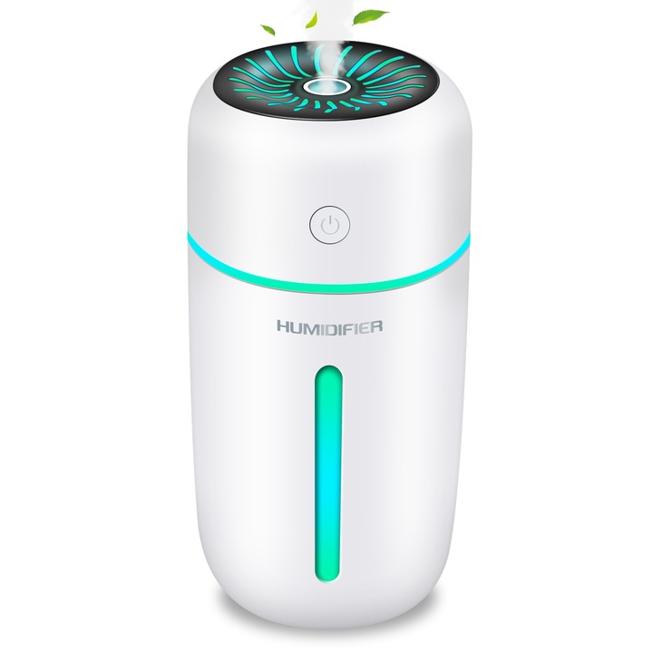 Aurora™ ultrahangos autós légpárásító, 7 színű LED lélegző fényhatás, 350 ml-es aromadiffúzor, 4 órás automatikus párásítás, csendes kialakítás, fehér