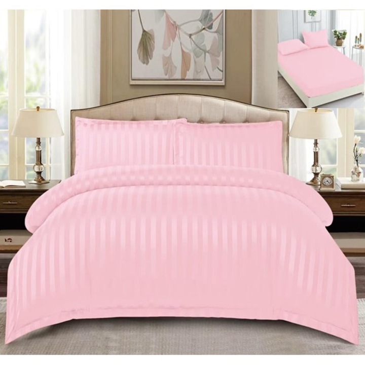 Lenjerie de pat 4 piese damasc, pentru pat de 2 persoane, cearceaf de pat cu elastic 180x200 cm roz