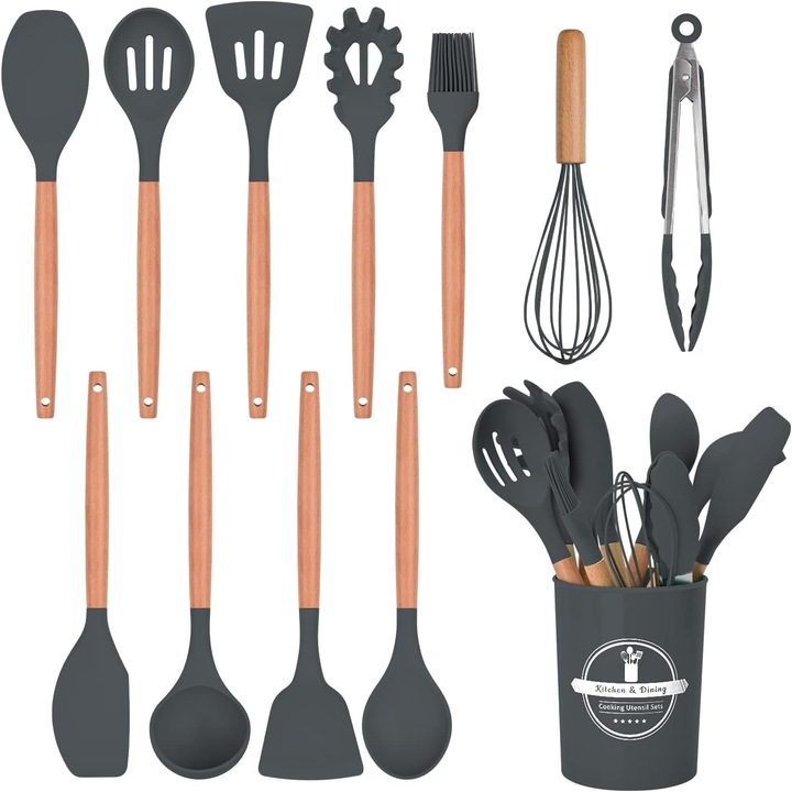 Set 12 ustensile bucatarie din silicon alimentar, de manere din lemn, rezistente la caldura, antiaderente, potrivite pentru masina de spalat vase, gri