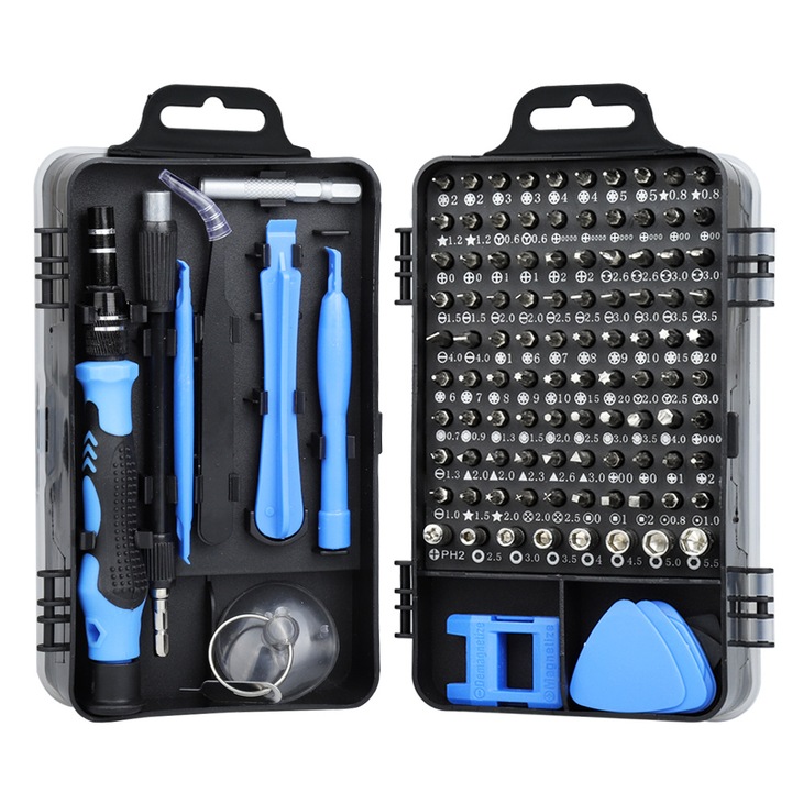 Kit de precizie pentru reparatii electronice, 115 bucati, 19, 5×6×10, 5 cm, albastru/negru