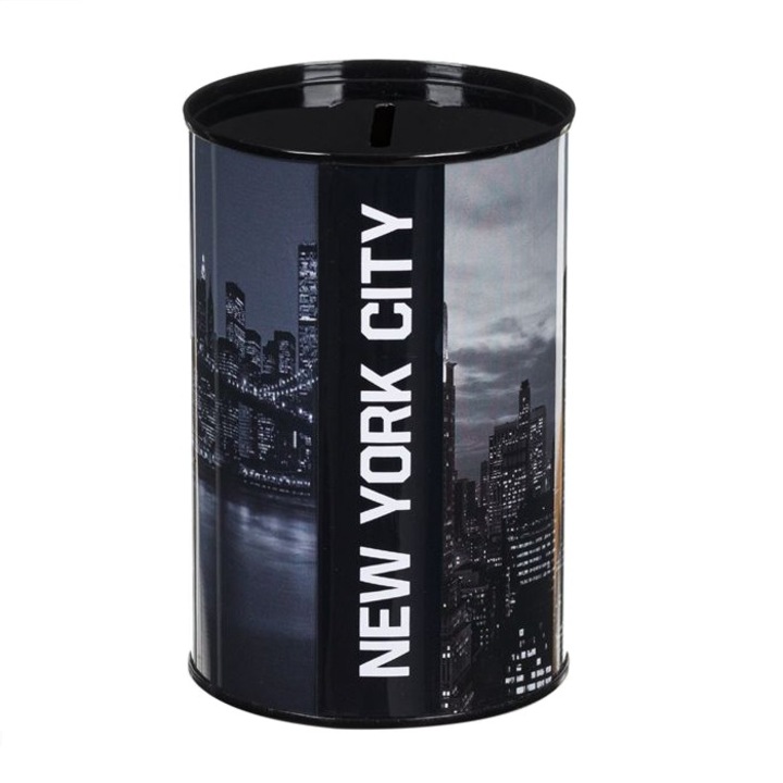 Pusculita Travel, forma cilindrica si imagini din New York, Metal, Negru, 9x14 cm