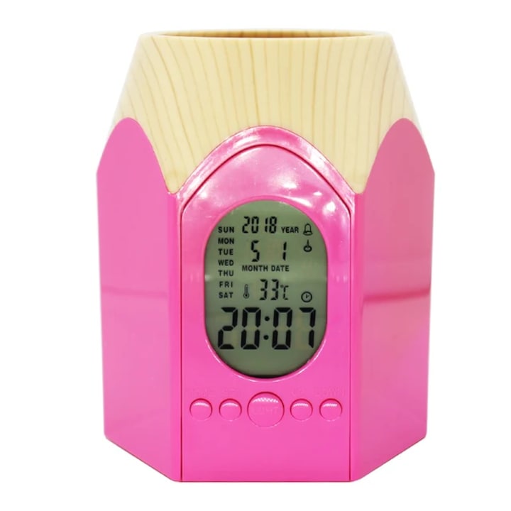 Suport pentru pixuri si creioane cu ceas desteptator multifunctional digital, LCD, calendar, temperatura, roz