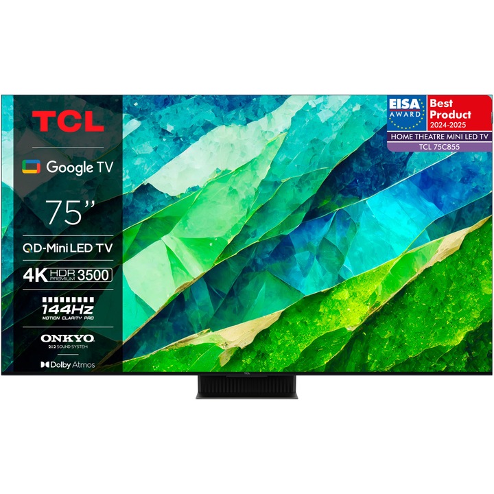 Телевизор TCL MiniLed 75C855, 75" (189 см), Smart Google TV, 4K Ultra HD, 100Hz, Клас F (Модел 2024)
