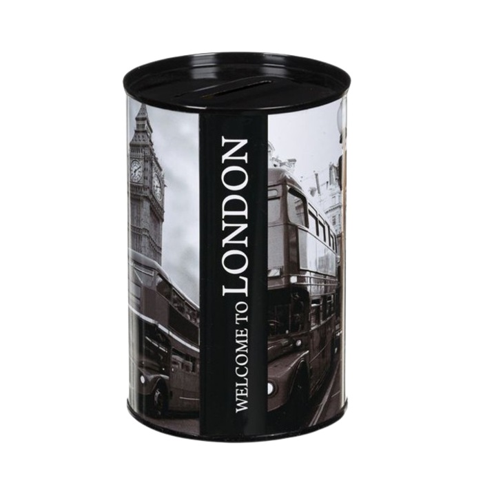 Pusculita City, forma cilindrica si imagini din Londra, Metal, Negru/Rosu, 9x12 cm