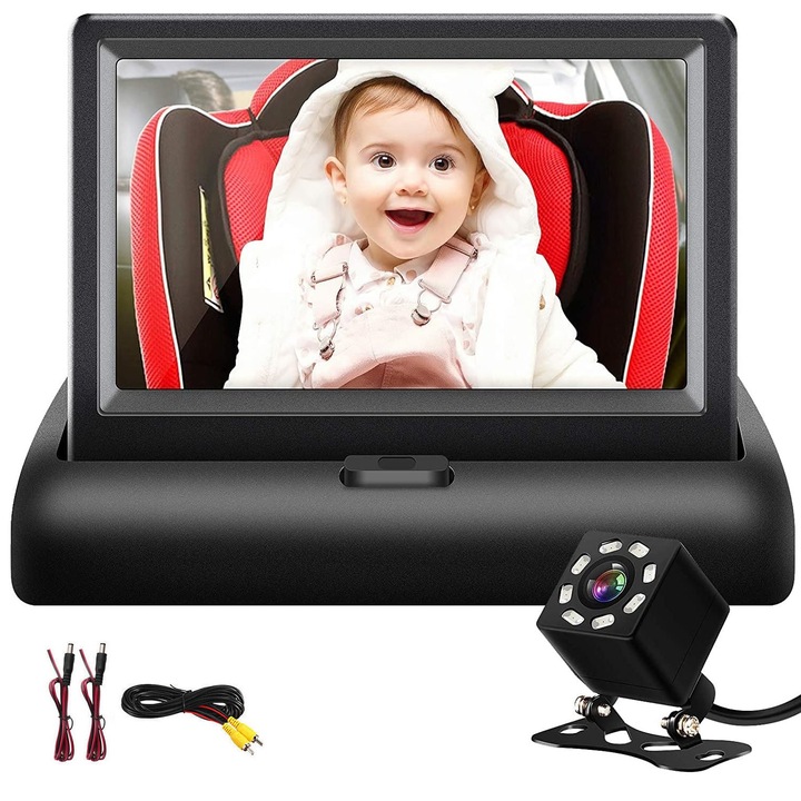 HD baba- és gyerekfigyelő videokamera az autó hátsó ülésére, LCD monitor, éjjellátó funkció, Baby on board felirattal