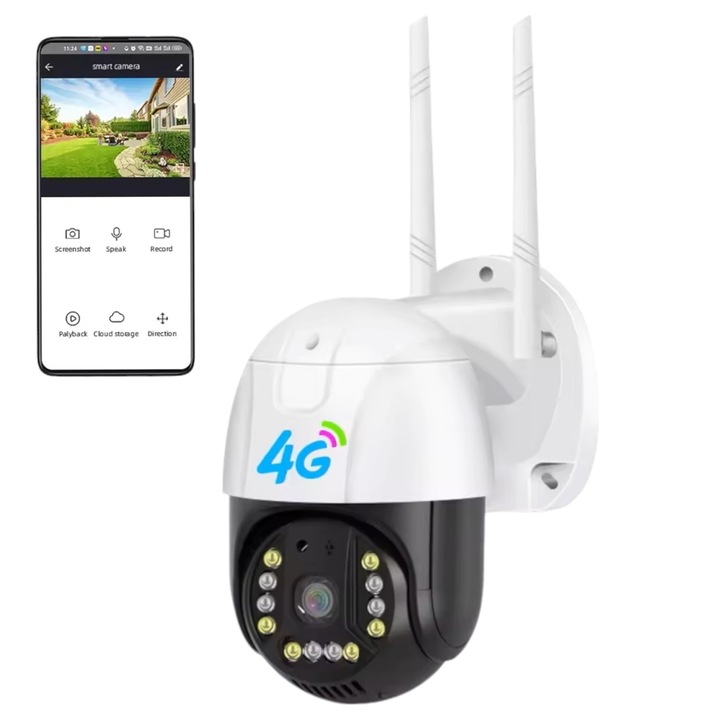 Videó térfigyelő kamera LONDEMM SIM-kártyával, 4G kapcsolat, Full HD 1080P, 3MP, vezérlés telefonról V380Pro APP-on keresztül, 350°-os elforgatás, mozgásriasztás, intelligens követés, Éjszakai látás, PTZ, DVR, Lan, beltéri és kültéri