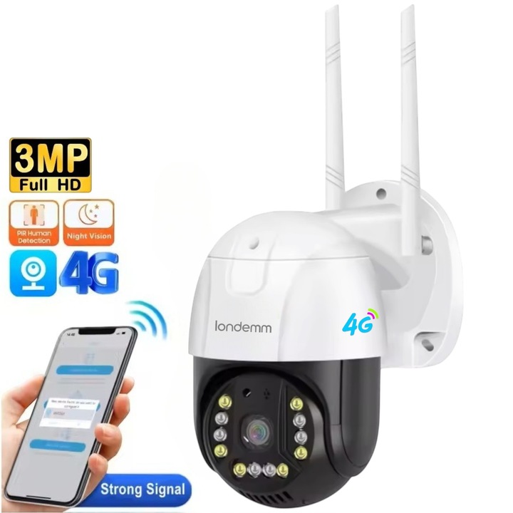 Camera De Supraveghere Video Cu Cartela SIM LONDEMM, conexiune 4G, Full HD 1080P, 3MP, control de pe telefon prin V380Pro APP, rotire 350°, alarma miscare, urmarire inteligenta, Night Vision, PTZ, DVR, Lan, interior si exterior