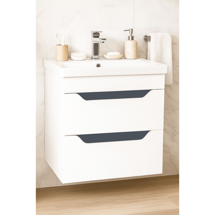 Set mobilier baza si lavoar Badenmob, seria 756, suspendat cu sertare, 60.02x46x55cm, Alb/Antracit