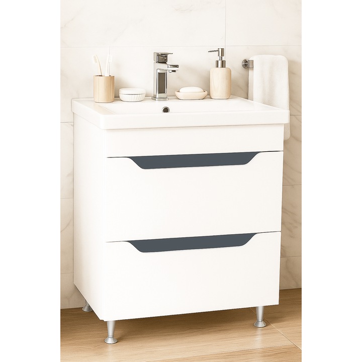 Set mobilier baza si lavoar Badenmob, seria 756, cu sertare, 70.01x46x81cm, Alb/Antracit