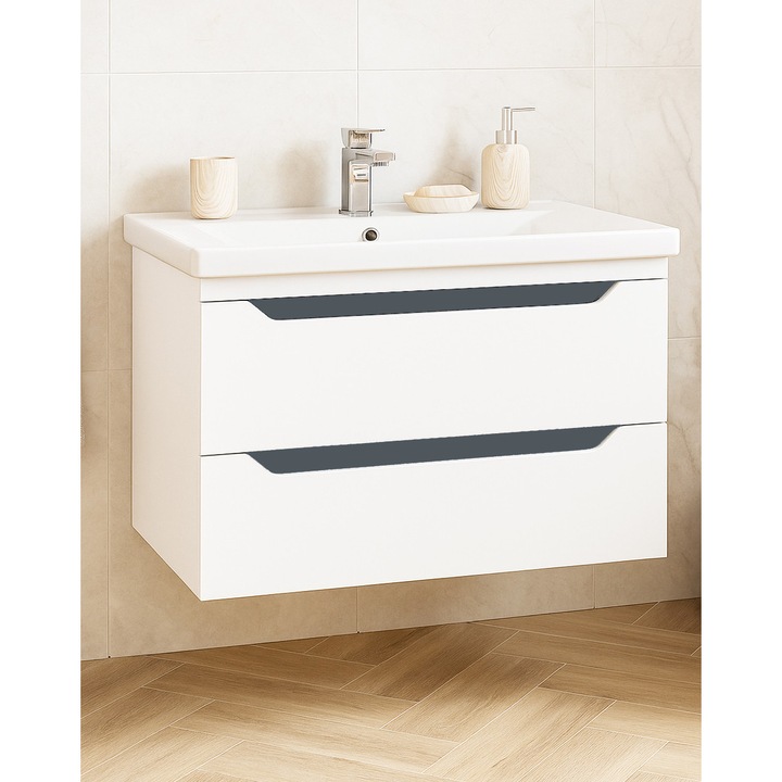 Set baza si lavoar Badenmob, seria 756, suspendat cu sertare, 80.02x46x55cm, Alb/Antracit