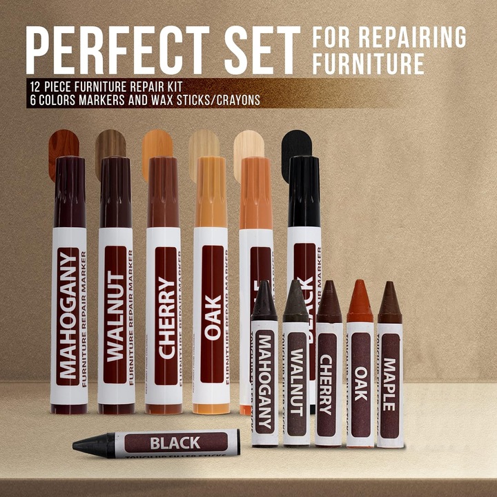 Set 6 Markere Corectoare si 6 Creioane Cerate pentru Mobila si Lemn, Corecteaza Culoarea Zgarieturilor si Repara Defectele Minore, Nunante Naturale de Lemn, Vopsea Premium, GARAMI SHOP