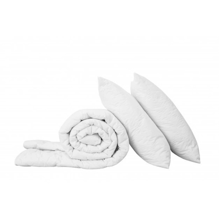 Set 3 piese 1xpilota de iarna Kotonia Home - 2 persoane 200x220 cm 300g/m2, cu 2x perne 50x70, Alb, 100% Microfibra, puf siliconizat