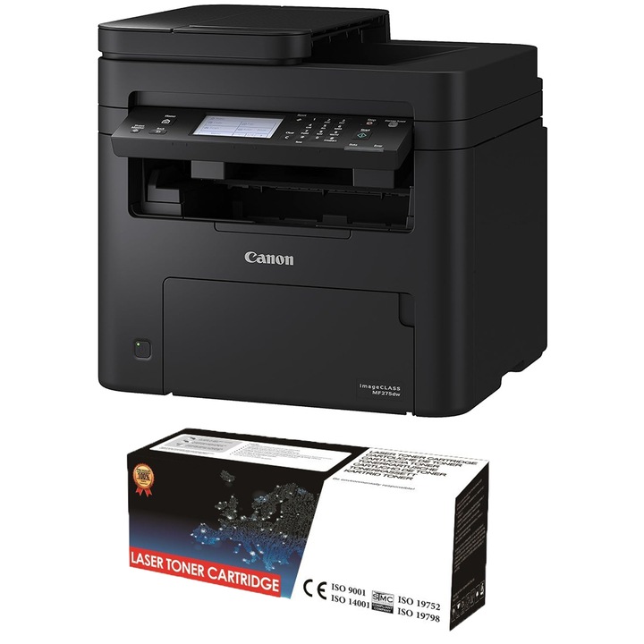 Canon i-SENSYS MF275dw Монохромен лазерен многофункционален пакет A4 Формат Скорост 29 стр./мин Дуплекс черен + съвместима тонер касета CRG-071H съвместим черен с чип, 2500 страници