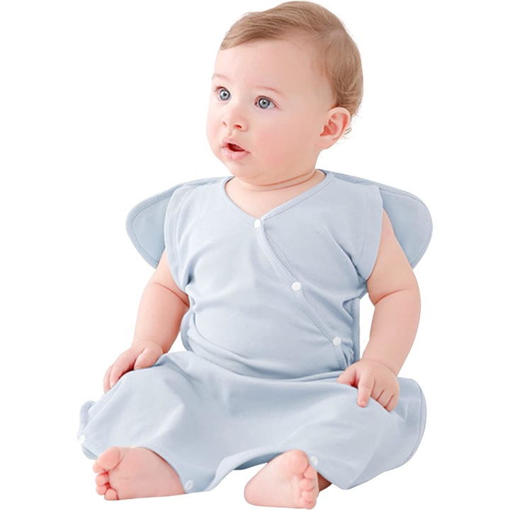 Sac de dormit pentru bebelusi, TURMIN, infasare nou - nascuti cu nasturi si fermoar, Albastru pastel, Marimea S