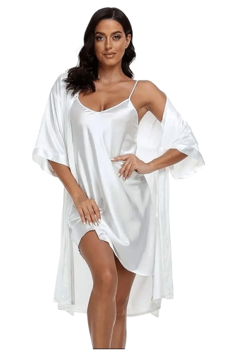 Дамски сатенени пижами StarFashion 2 бр, Бял