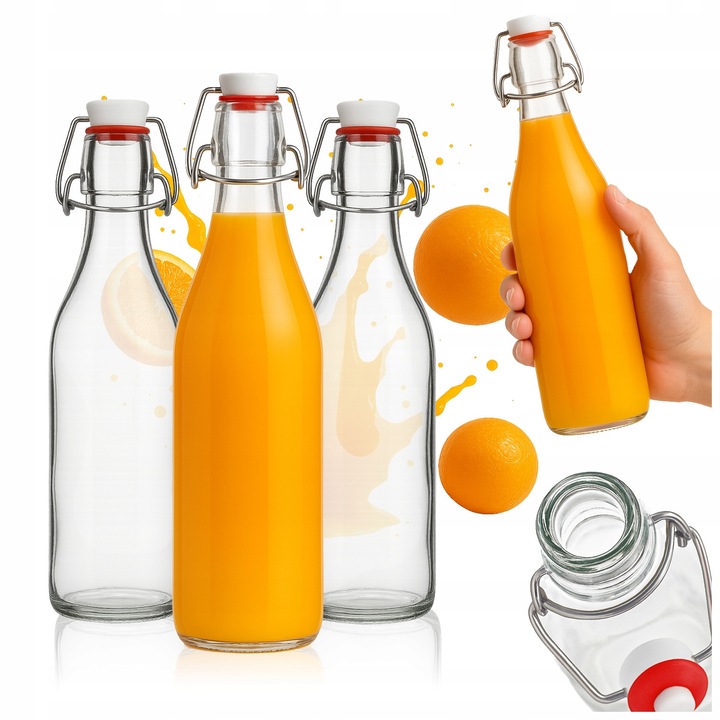 Sticle De Sticla, Superbutelki, Rotunda, 500 ml, Cu Inchidere Mecanica, Cu Clema, Pentru Sucuri, Pentru Bauturi, 27 cm Inaltime, 381 G Greutate, Incolora, 5 Buc