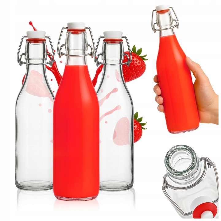 Sticle De Sticla, Superbutelki, Rotunda, 500 ml, Cu Inchidere Mecanica, Cu Clema, Pentru Sucuri, Pentru Bauturi, 27 cm Inaltime, 381 G Greutate, Incolora, 5 Buc