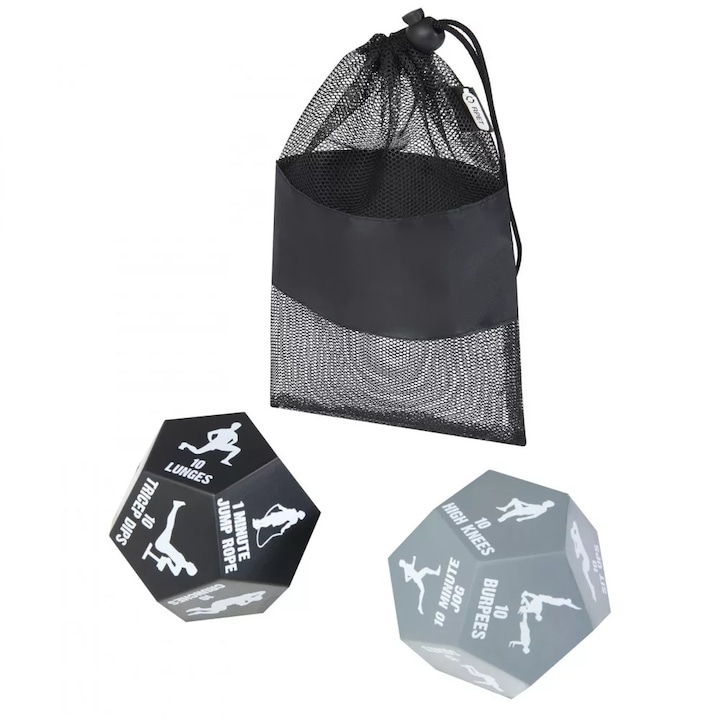 Комплект от 2 зара за спортни упражнения, VENITIVO, с включена чанта, полиестерен материал, с 12 вида упражнения, размер 11 х 9,5 см, черно сиво
