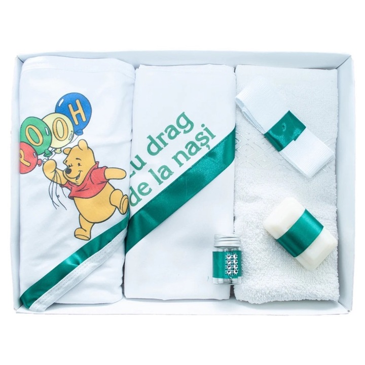 Trusou Botez Baieti, 6 piese, "Cu drag de la Nasi", Winnie the Pooh, Alb-Verde