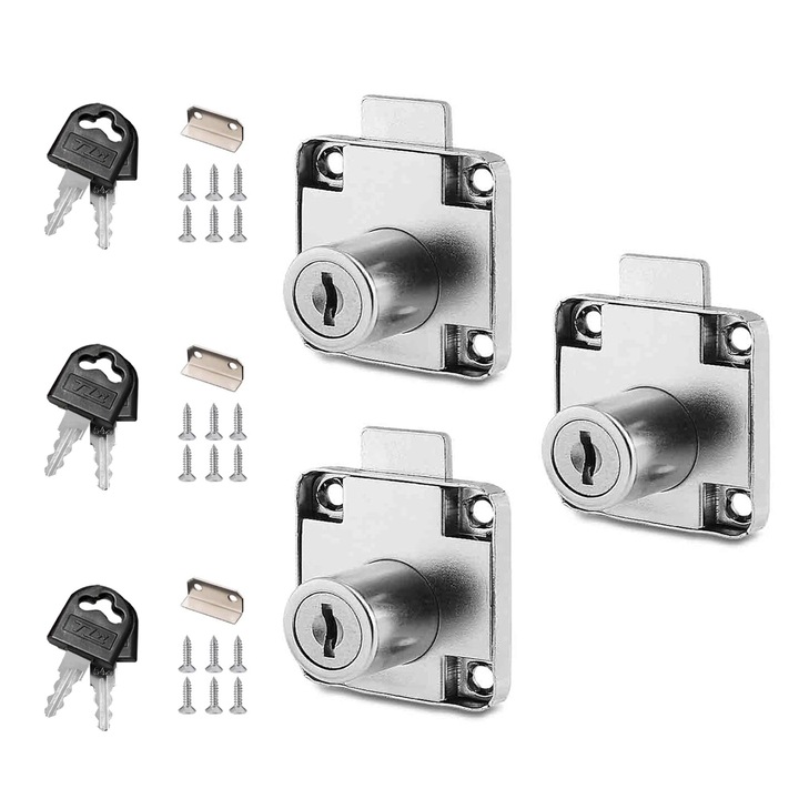Set 3 incuietoare pentru mobilier, SINBINTA, Cu butuc si 6 chei, Instalare usoara, lungime cilindru 22 mm, Rezistenta ia uzura, Nu se estompeaza usor, Perfect pentru Sertare, Birouri, Otel iaminat ia rece, Argintiu