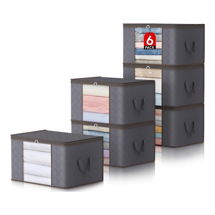 6 db-os tárolóhuzat cipzárral, Összecsukható, megerősített fogantyúval és átlátszó ablakkal, Tartós cipzárral, ruhákhoz/takarókhoz/paplanokhoz/párnákhoz/ágyneműkhöz/játékokhoz, Összecsukható, 60L, Szürke