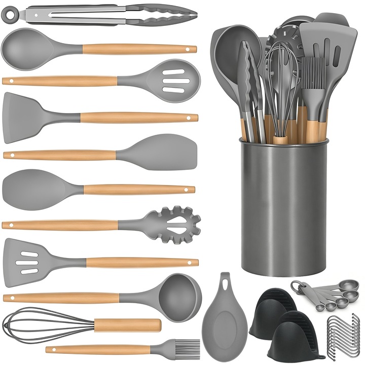 Set 16 Ustensile de Bucatarie, BYONDSELF®, cu Spatula, Polonic, Suport Blat, Cutie de Depozitare si Carlige, Antiaderente, Lemn/Silicon, Termorezistente, Gri