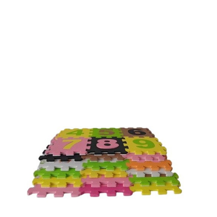 Covor din spuma poliuretanica, tip puzzle cu litere si cifre pentru copii, multicolor, 36 placi in forma de patrat cu latura de 14 cm si 0.9 cm grosime
