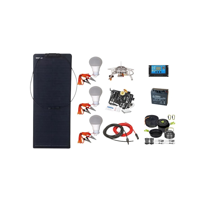 Sistem/kit fotovoltaic panou 110W semiflexibil, controller 20A, baterie 20Ah AGM, conectori, cablu solar, becuri led, kit supravietuire 18 in 1, aragaz camping si set gatit camping, outdoor, rulota, iluminat, cabana, Solid Volt