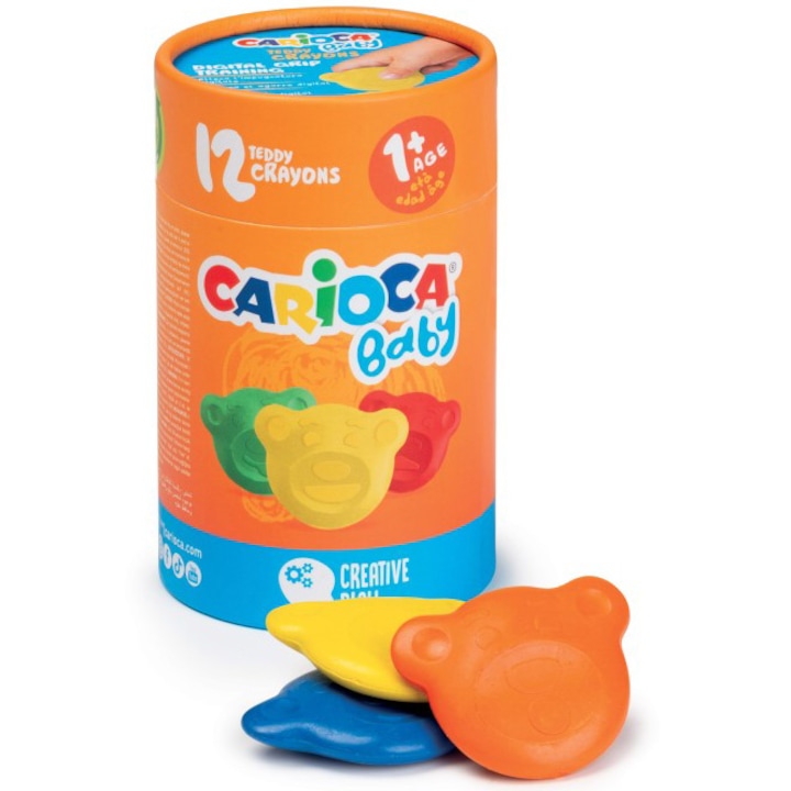 Creioane cerate Carioca Baby Teddy 1+, 12 culori/tub carton