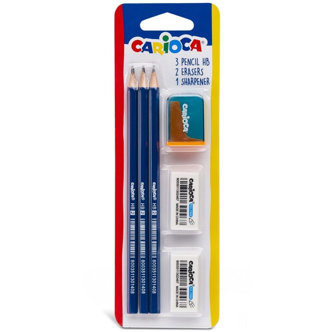 Set Carioca creioane HB 3 buc + guma sters 2 buc + ascutitoare
