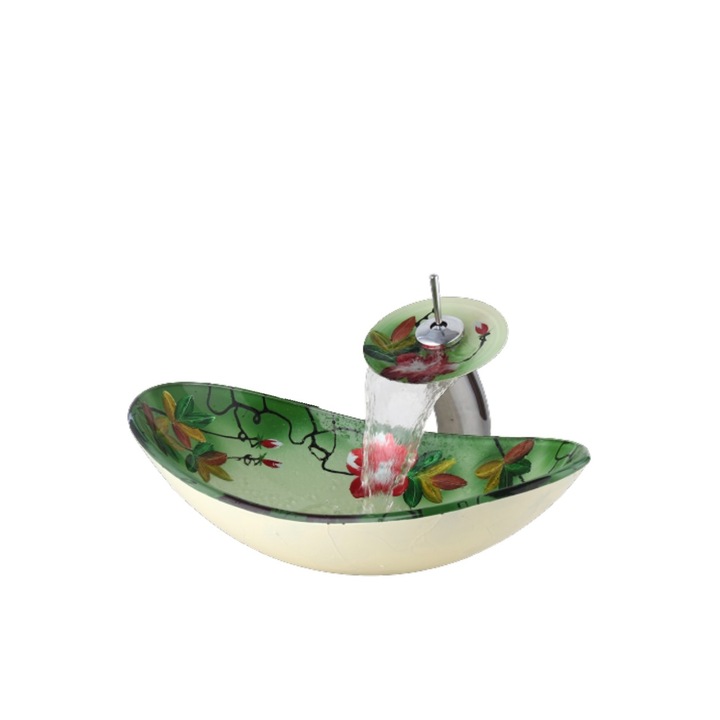 Set lavoar si baterie, Blackswan, Tip M22, verde cu flori colorate, 54 cm