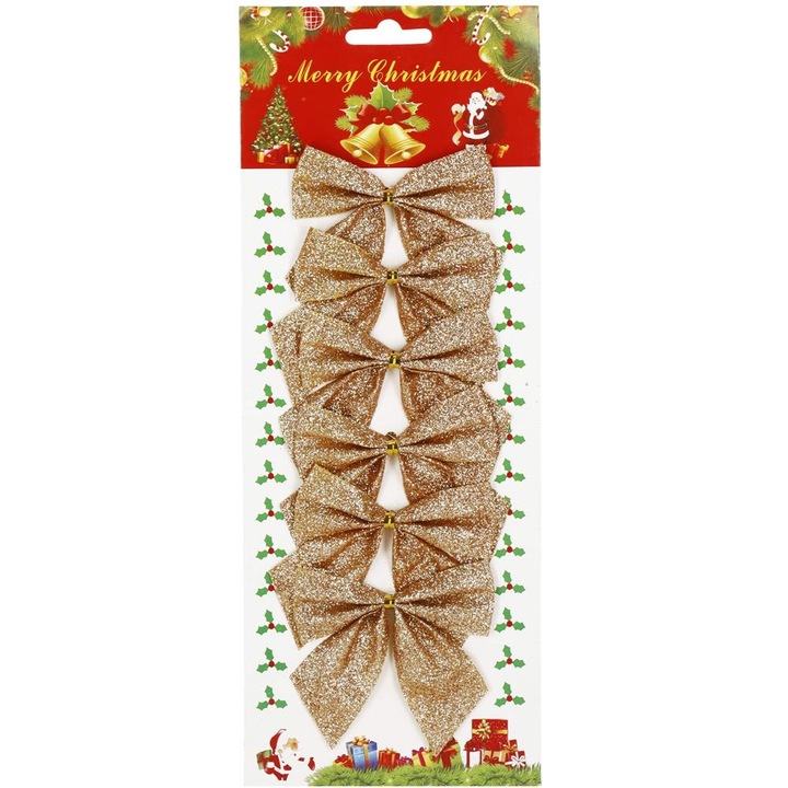 Set 6 ornamente pentru bradul de Craciun, fundita, 8cm, auriu