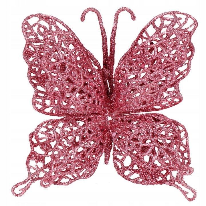 10 db-os karácsonyfadísz szett, Pillangó csillámmal, 16cm, rózsaszín