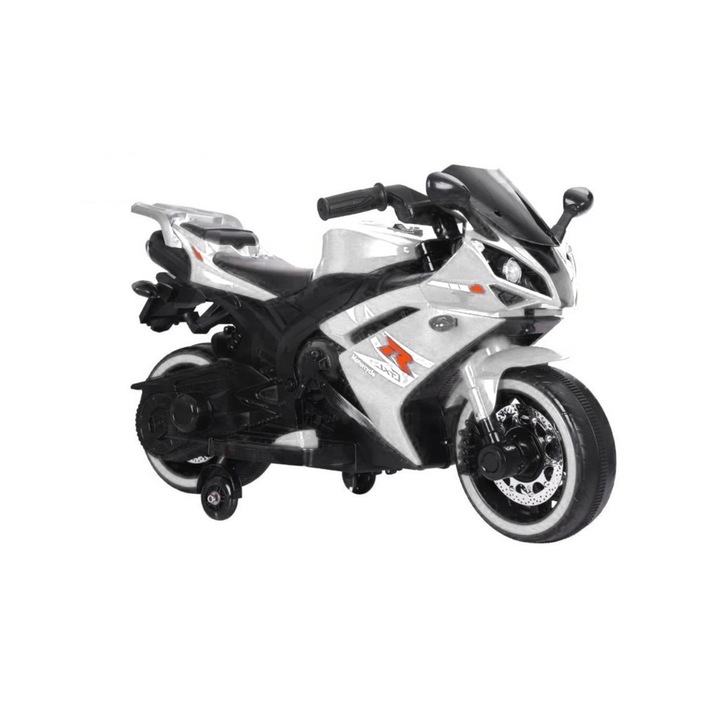 Motocicleta Electrica cu Acumulator Pentru Copii NOVOKIDS™ Storm Motor Duo GTX, Cu melodii si lumini, 12V, Max 30 kg, Trotineta Electrica, Roti ajutatoare, Mers cu spatele, Alb