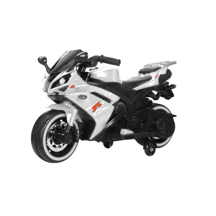 Motocicleta Electrica cu Acumulator Pentru Copii NOVOKIDS™ Storm Motor Duo GTX, Cu melodii si lumini, 12V, Max 30 kg, Trotineta Electrica, Roti ajutatoare, Mers cu spatele, Alb