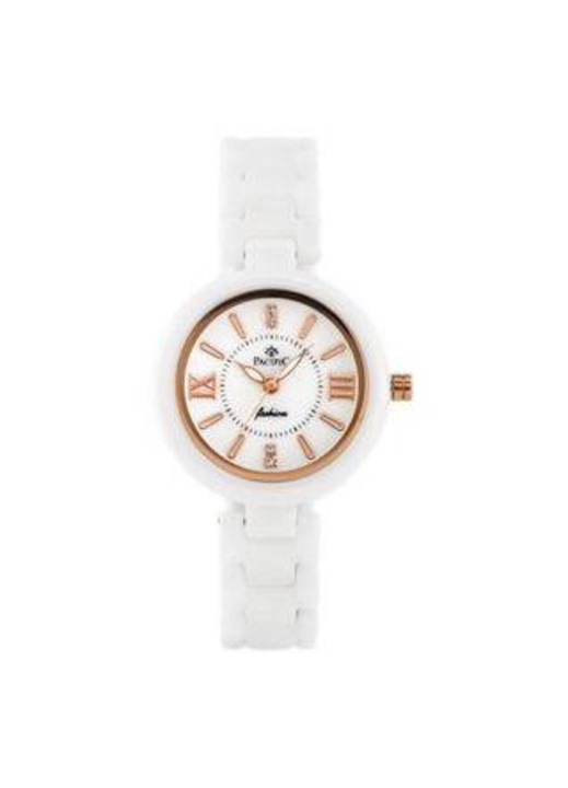 Ceas de dama Pacific A6004, ceramica, alb cu detalii rosegold, 32x40x7mm