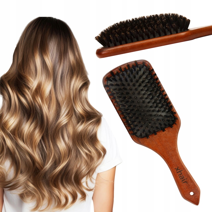 Perie de par, Peri naturali de mistret, Antistatica, 25.5x8.3 cm, Lemn, Maro/Negru