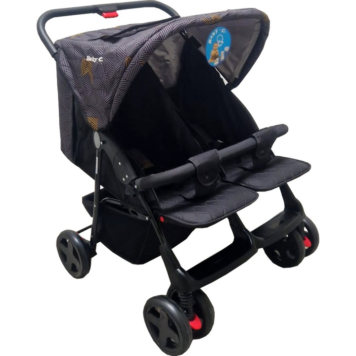Количка за новородено 2 в 1 за близнаци BABY CARE PRO P700, Алуминиева рамка, Регулируема облегалка в 5 степени, Амортисьори, Крачна спирачка, Сгъваема, Сива с щампа