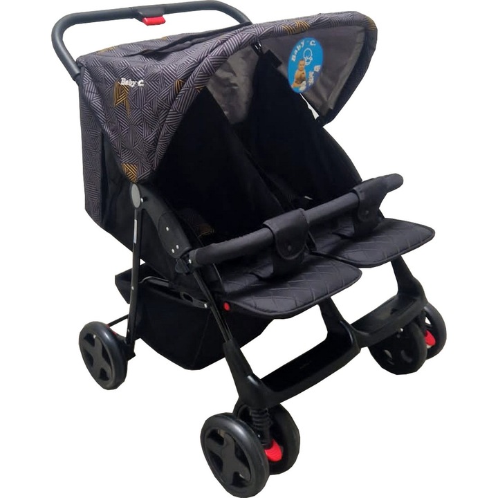 Carucior nou nascuti 2 in 1 pentru gemeni BABY CARE™ PRO P700, Cadru aluminiu, Spatar reglabil in 5 trepte, Amortizoare, Frana picior, Pliabil, Gri cu Imprimeu