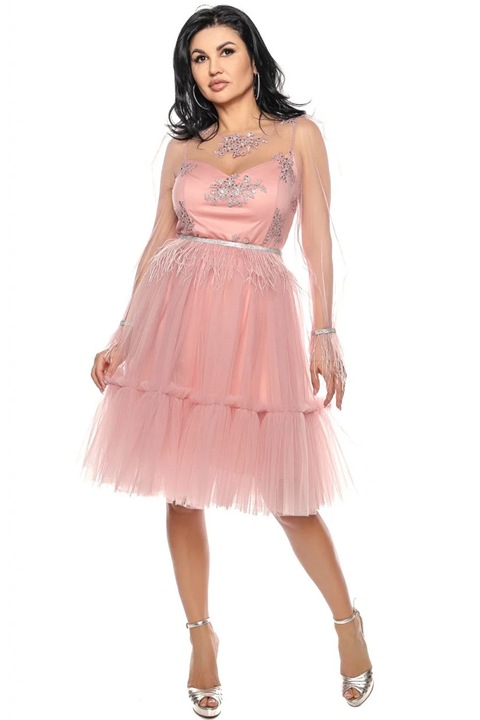 Къса рокля Ema, пола от тюл с волани, бродирана дантела, пера и сребрист колан, Антично розово