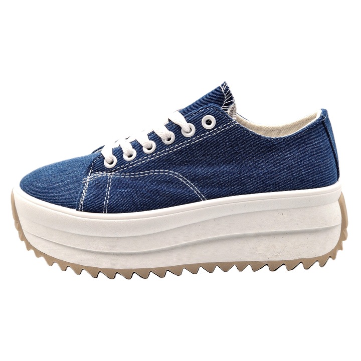 Tenisi flatform din material textil denim, Albastru inchis