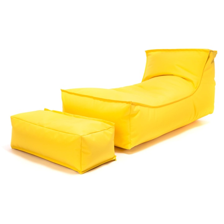 Sac de puf Ecopuf Master sezlong impermeabil pentru exterior si interior, rezistent la intemperii, cu buzunar de depozitare, maner, fotoliu relaxare ergonomic, material durabil, ideal gradina, terasa, piscina, casa, 115x65x60cm, Galben