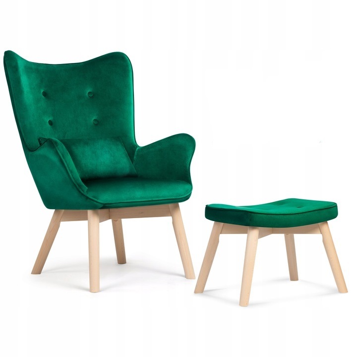 Set Fotoliu cu taburet in stil scandinav, perna moale, stofa, picioare din lemn de fag, Sofotel, Verde