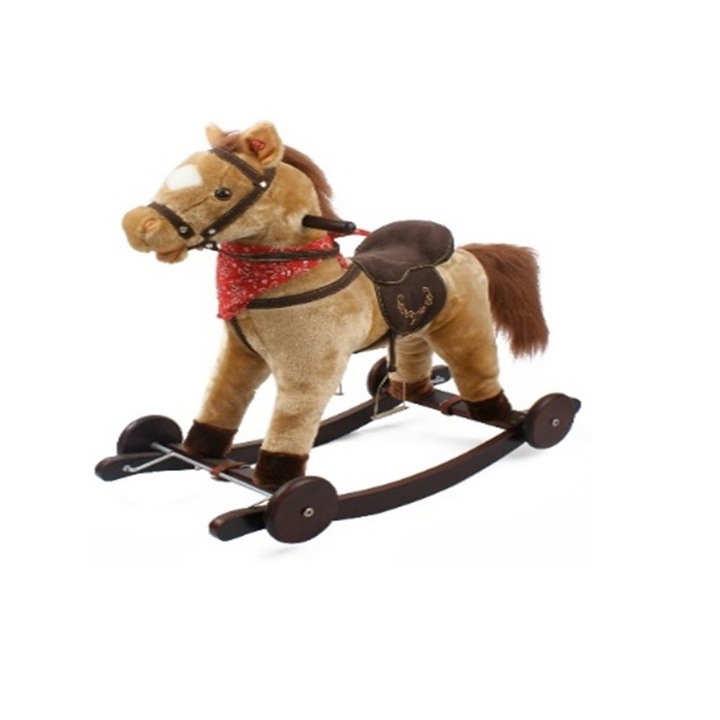 Люлеещо се конче с песни NOVOKIDS ™ Rocking Horse, С колела, Подвижна платформа, Функция скутер без педали, Размери 74x37x64 см, Макс. 50 кг, Бежов