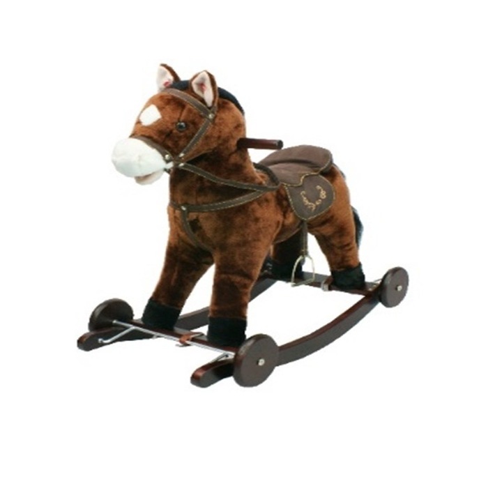 Calut balansoar din plus cu melodii NOVOKIDS ™ Rocking Horse, Cu roti, Platforma detasabila, Functie trotineta fara pedale, Dimensiuni 74x37x64 cm, Max 50 kg, Maron