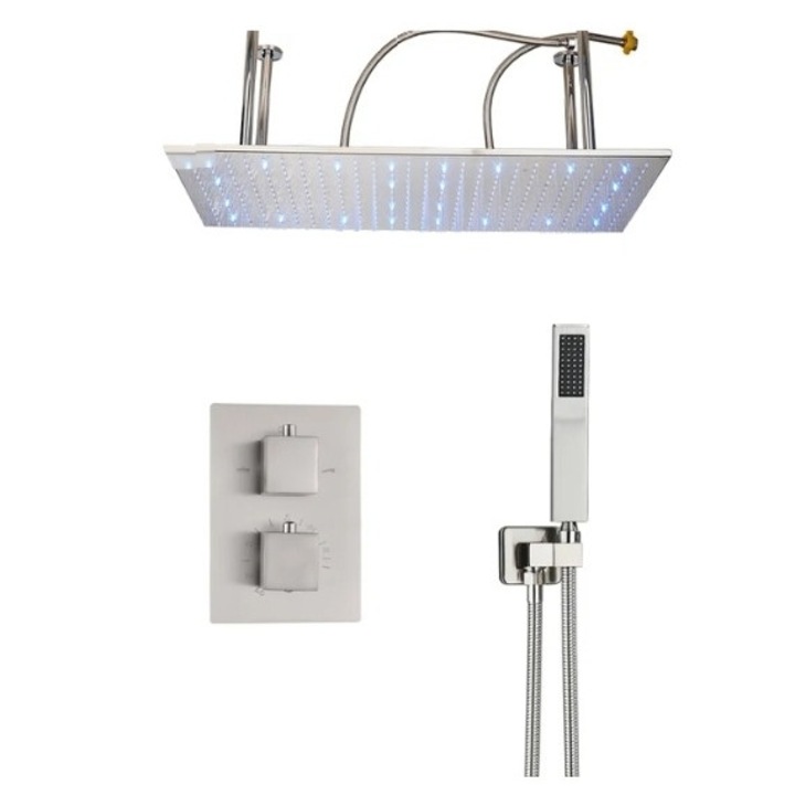 Set baterie dus, Blackswan, Tip M267, model nichel mat, cu 2 cai, iluminare LED, termostat si montare pe tavan, dimensiune 80 cm