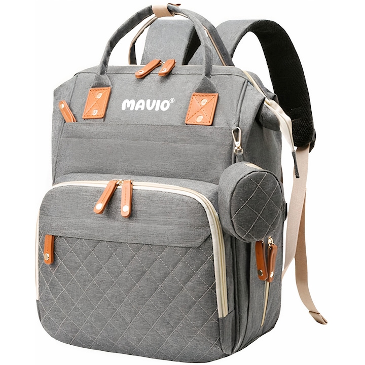 Geanta Mavio®, pentru Mamici si Copii, 17 Compartimente, Port Incarcare Telefon, Buzunar Termic, 56 L, Prindere Carucior si Troler, Gri