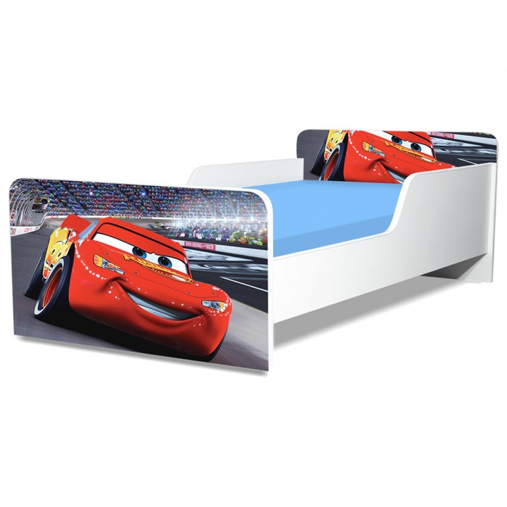 Pat pentru copii Cars, 160x80 cm, alb/multicolor, saltea inclusa