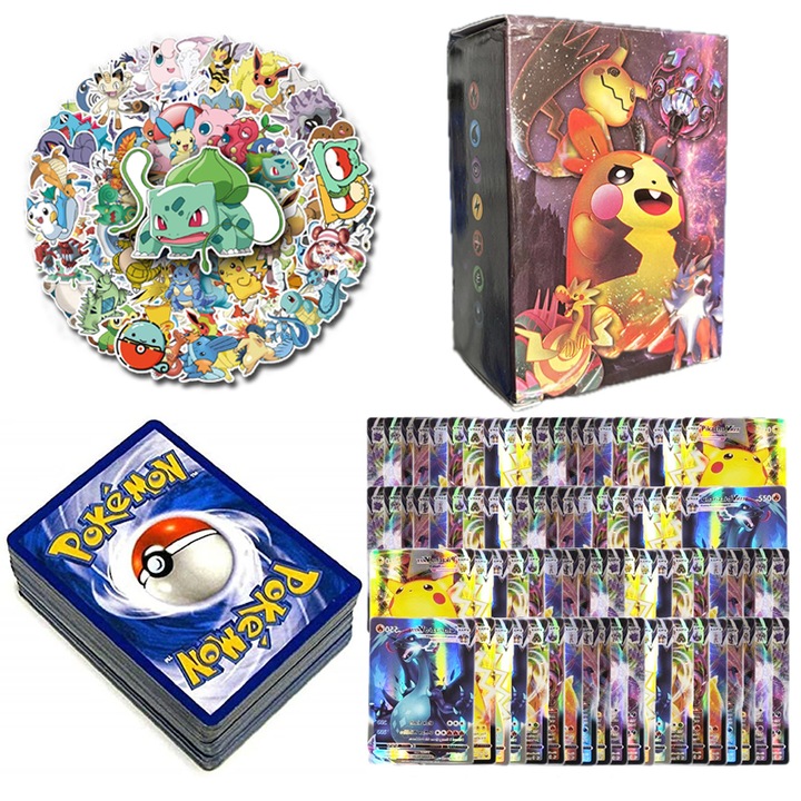 Joc de carti Pokemon, Duoqu, 100 de carti, 50 de autocolante, Multicolor
