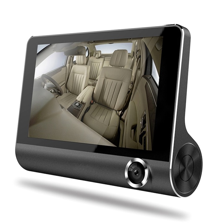 DVR камера за кола, Full HD с 3 камери, предна, задна, вътрешна, G сензор, нощно виждане, детекция на движение, паркинг монитор, 4 инча екран